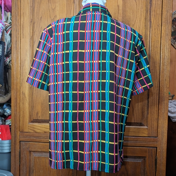 Erena 14 vintage 90s colorful striped silky buttonfront collared shortsleeve top - Picture 3 of 8